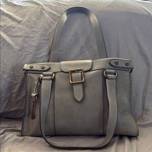 Fossil Gray Leather Shoulder Bag with Brass Hardware